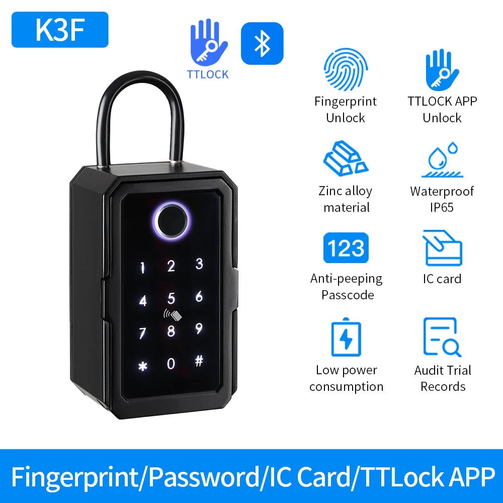 Black zinc alloy smart padlock with fingerprint, passcode, IC card, and Bluetooth app unlock features.