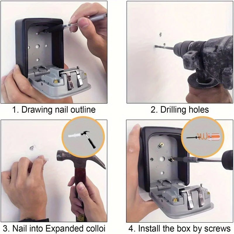 Four-step installation guide for a black and grey wall-mounted metal key lock box with a hinged cover.
