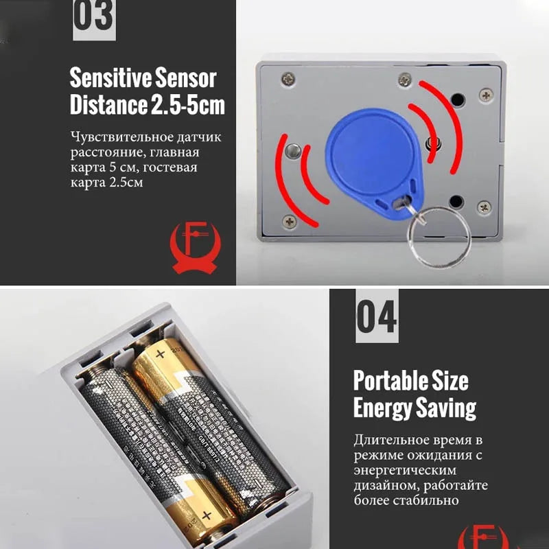 Grey plastic electronic sensor with a blue circular RFID key fob and a battery compartment for two AA batteries.