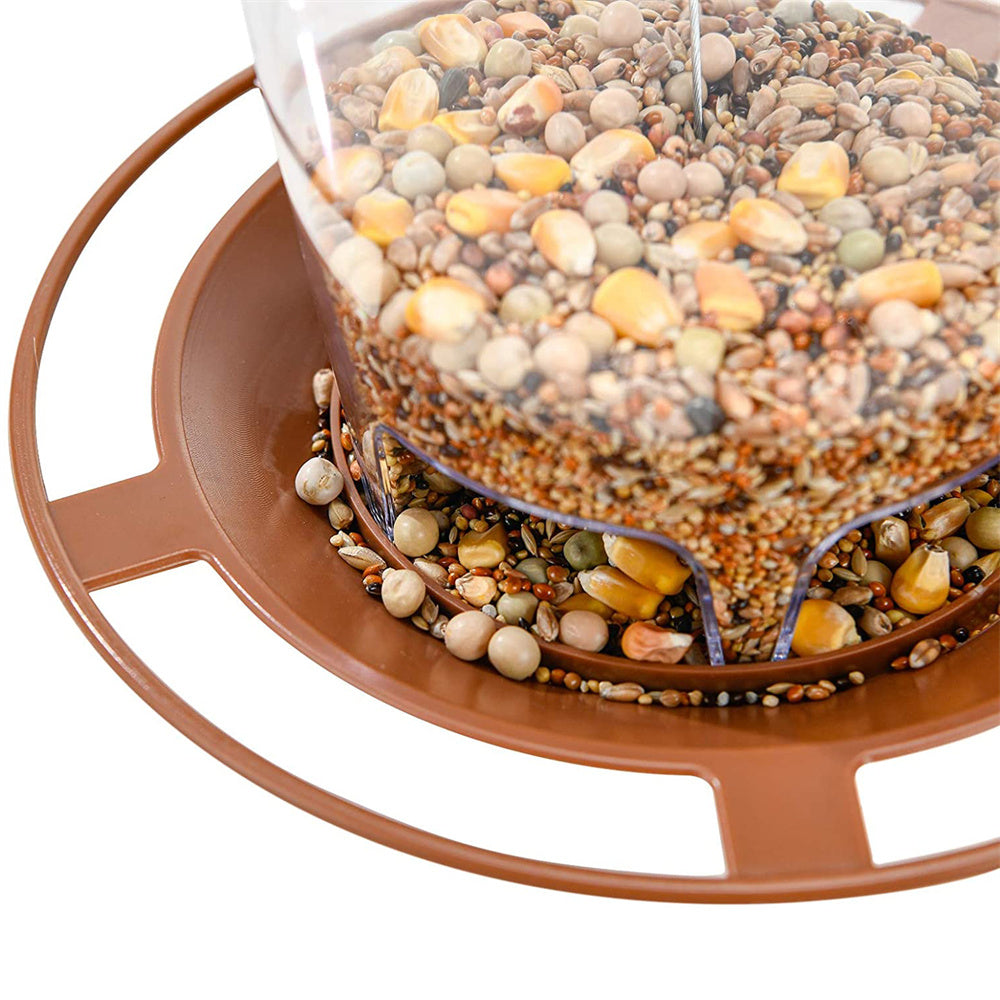 Clear bird feeder with a round brown tray base filled with a variety of bird seeds and corn kernels.