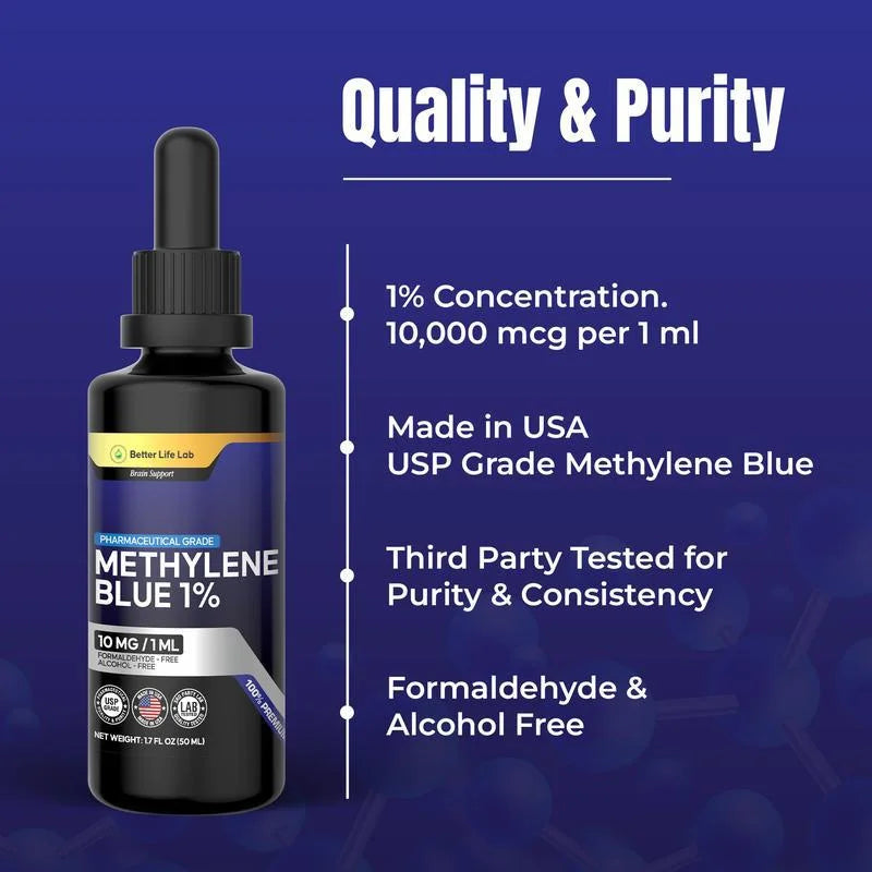 A black 50ml dropper bottle of 1% USP grade Methylene Blue solution, featuring purity and ingredient information.