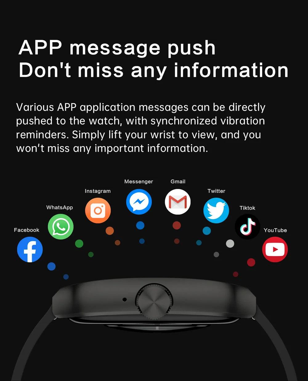 Black smartwatch showing social media app notifications floating above the 2.01-inch curved screen.