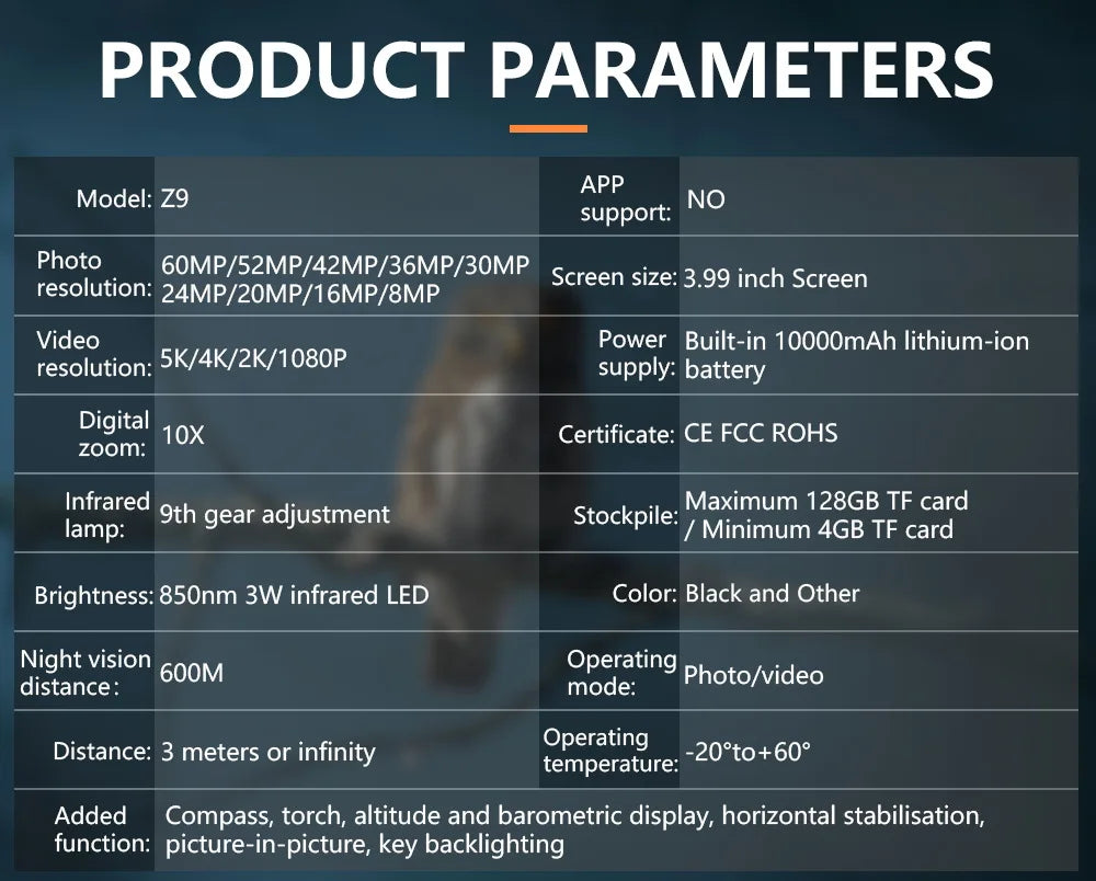 Specifications table for black Z9 digital night vision device with 3.99-inch screen and 600m range.