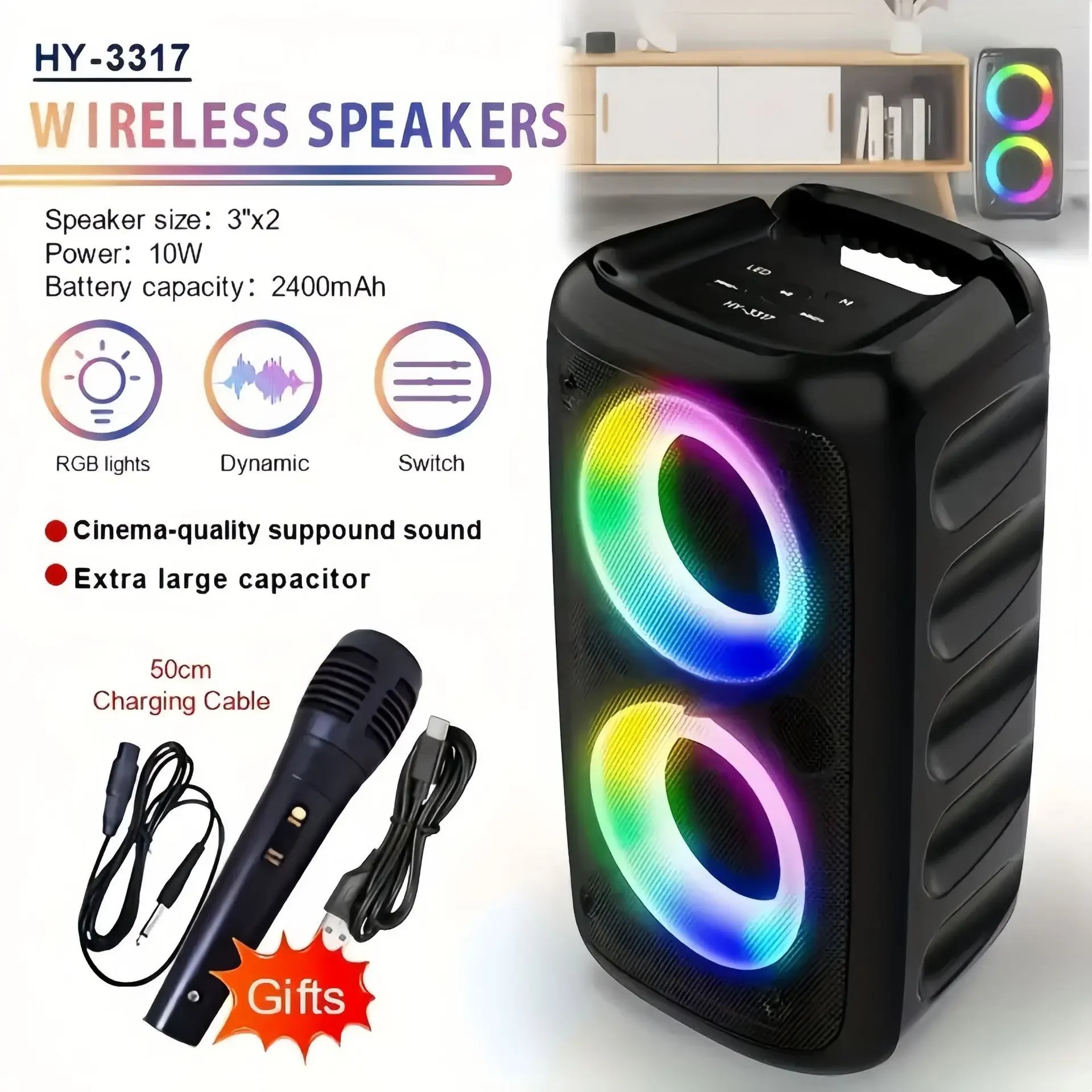 Portable black karaoke speaker with dual LED light rings and an included handheld microphone and charging cable.