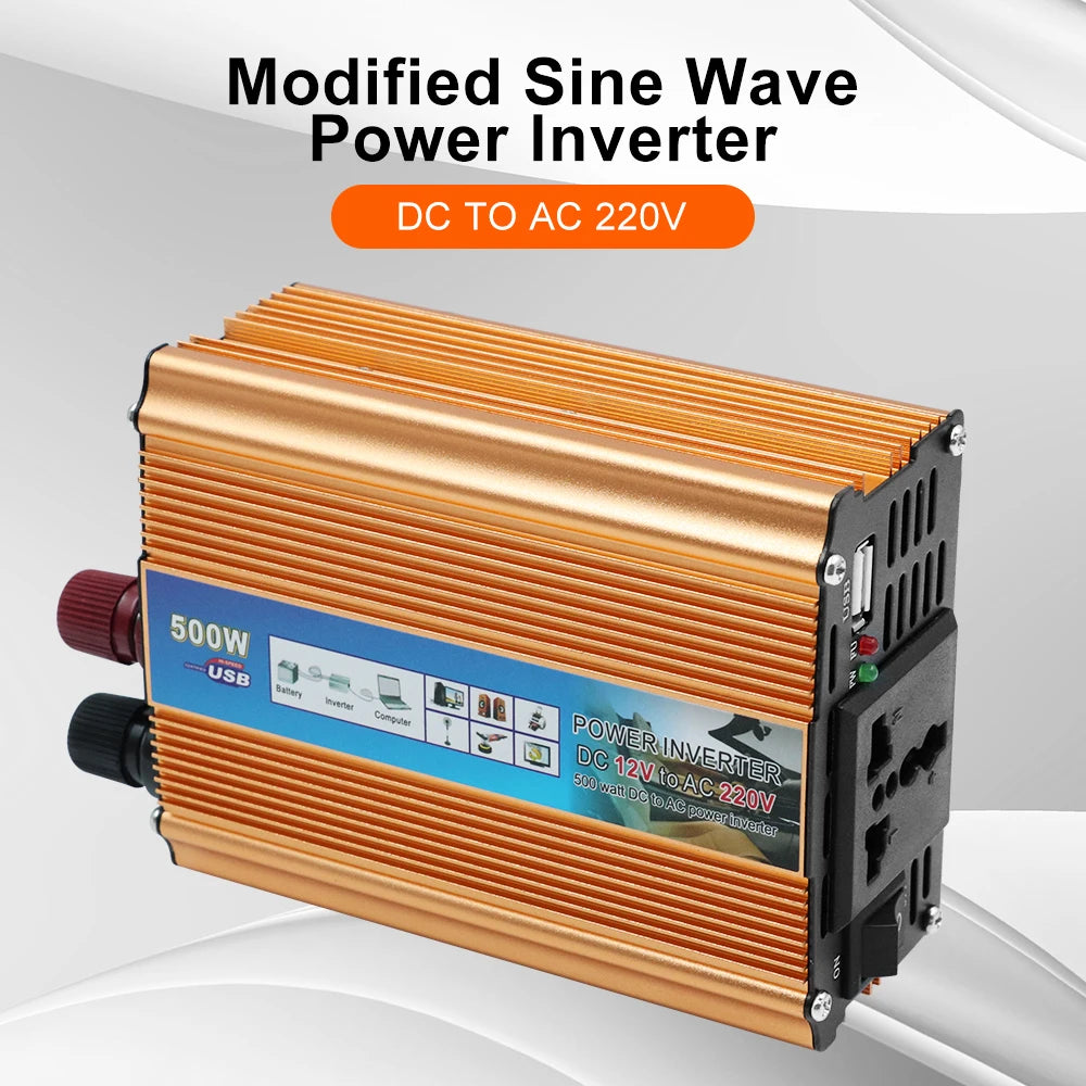 A metallic gold 500W car power inverter with a black end panel, USB port, power socket, and red and black terminals.