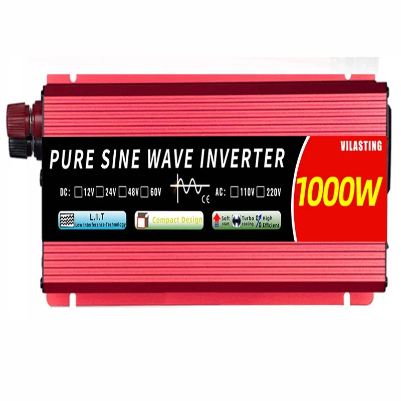 Red 1000W pure sine wave power inverter with a compact, ribbed aluminium housing and prominent labelling.