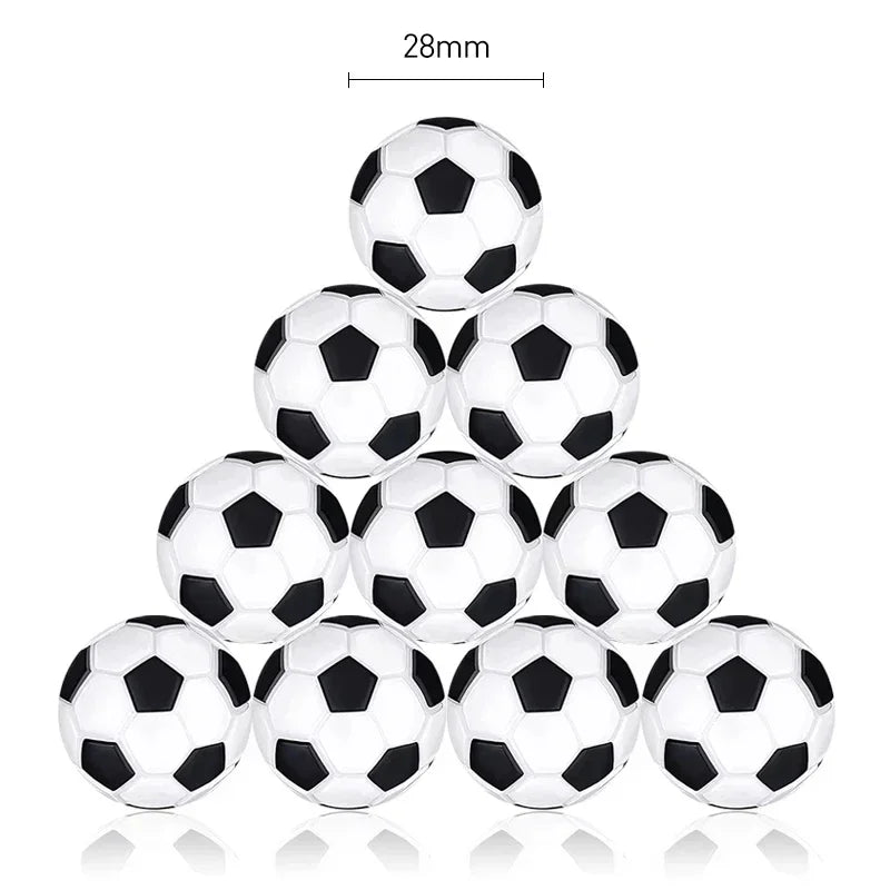 A pyramid of ten small, 28mm black and white football-patterned balls, perfect for table football games.