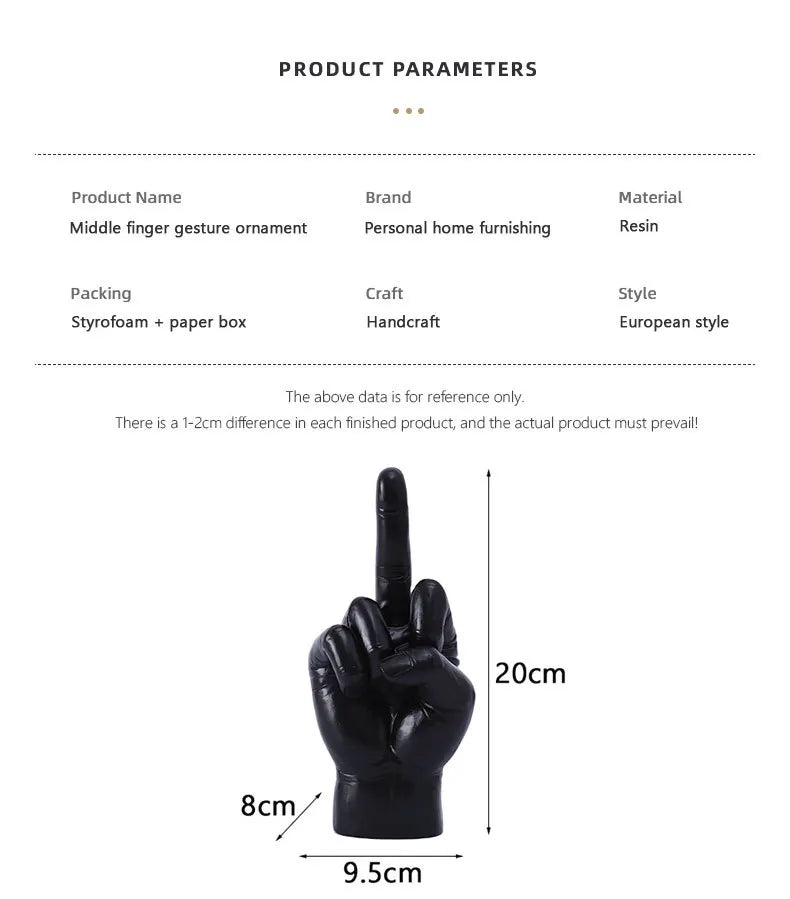 Black resin middle finger gesture ornament, 20cm tall, sleek modern decorative desk sculpture.