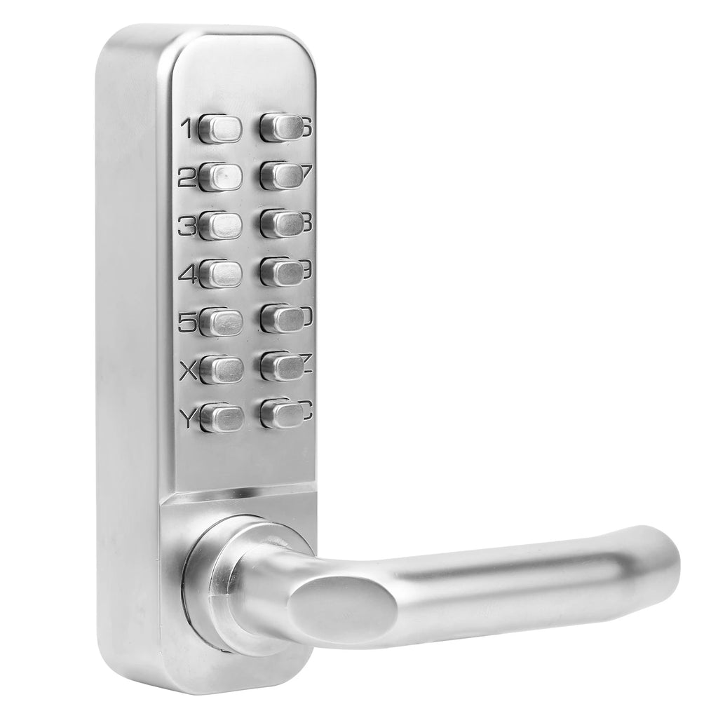 Silver metal mechanical keyless entry door lever lock with a numbered push-button keypad.