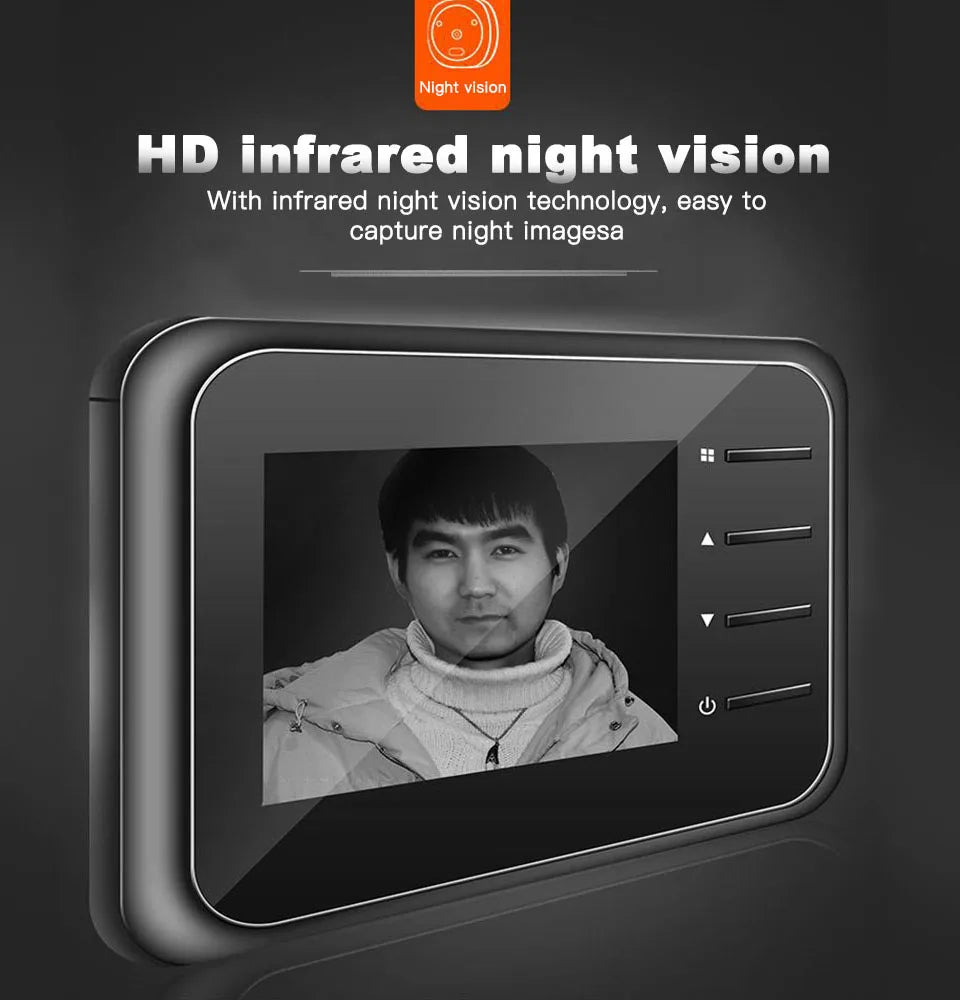 Black 2.4-inch digital door peephole camera with a clear LCD screen displaying a visitor and infrared night vision.