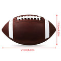 Brown American football with white stripes and laces, featuring dimensions for size reference.