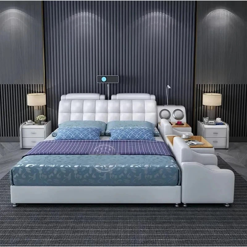 Modern white double bed with a tufted headboard and integrated side tables and storage features.