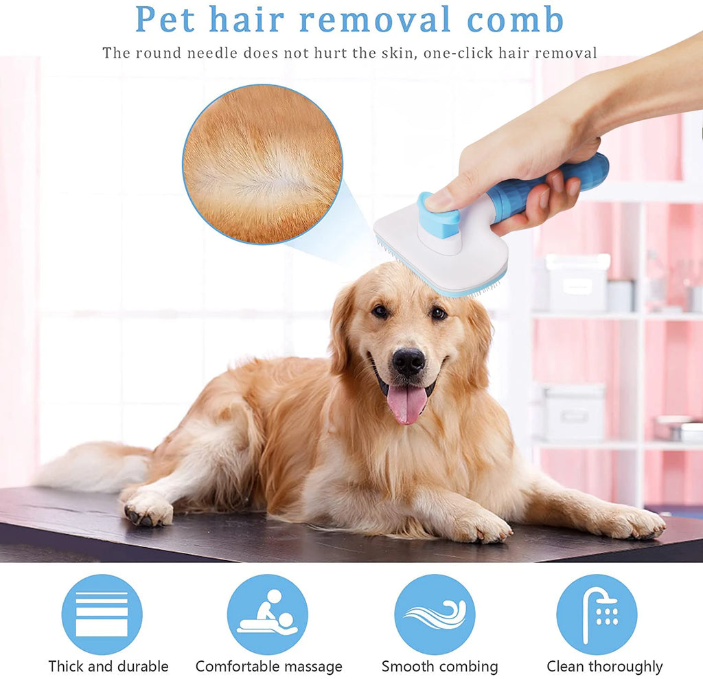 A hand using a white and blue self-cleaning pet grooming brush to comb a golden retriever's fur.