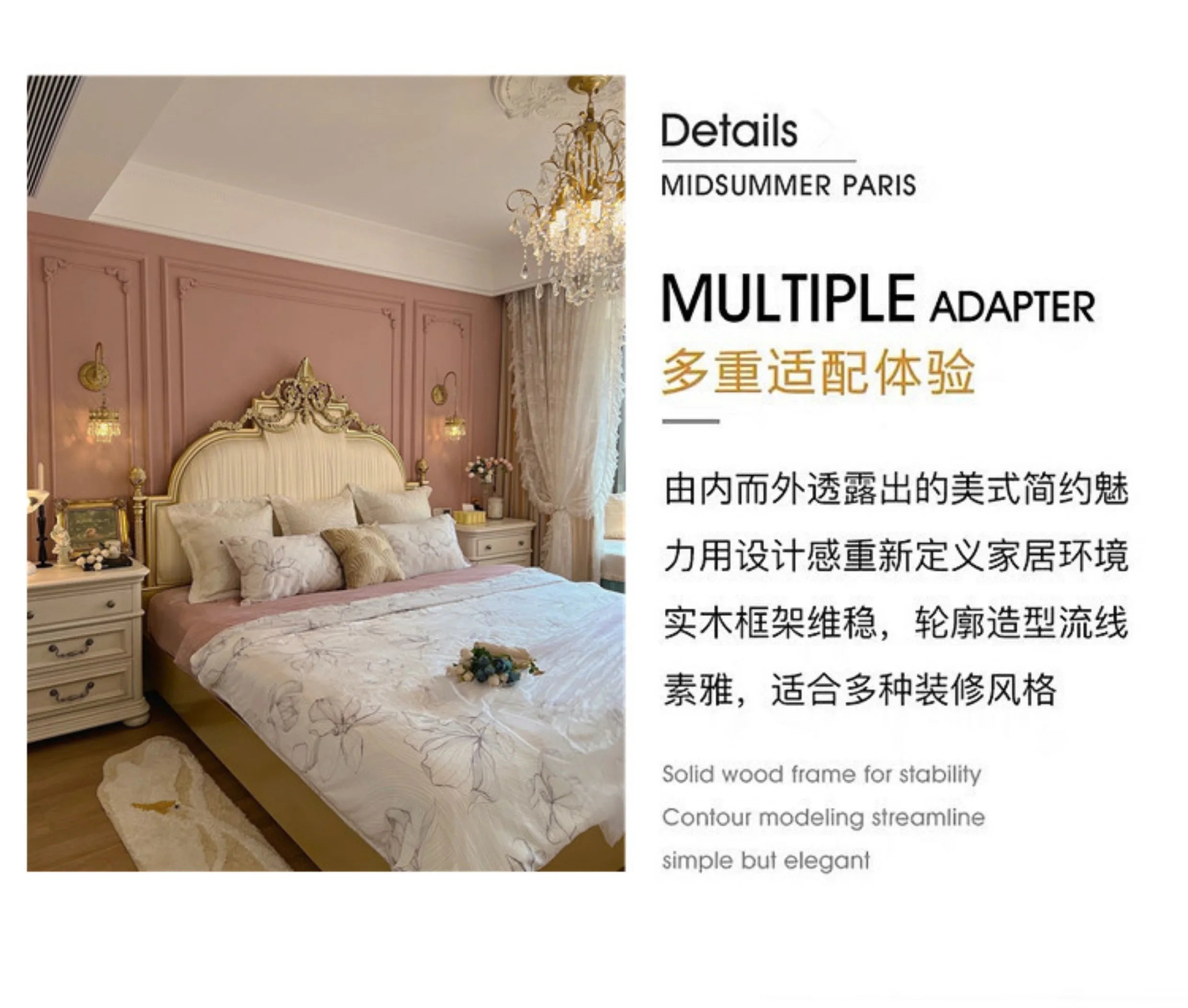 Italian-style princess double bed with an ornate gold headboard, cream upholstery, and elegant solid wood frame.