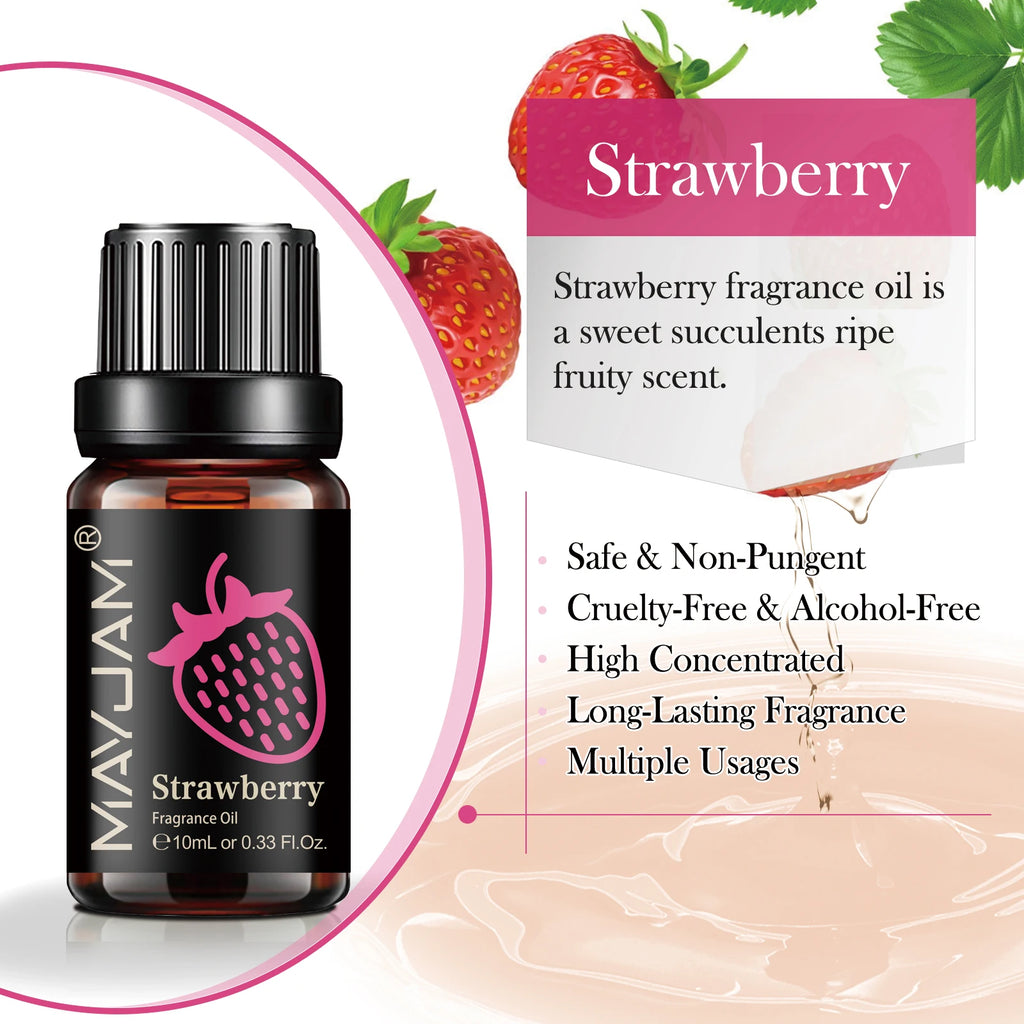 10ml amber glass bottle of strawberry fragrance oil with a black dropper cap and a pink strawberry illustration label.