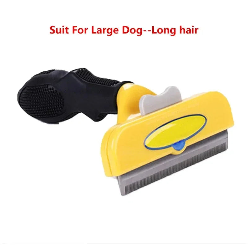 Yellow and black dog grooming deshedding rake with a textured handle and self-cleaning button for long-haired dogs.
