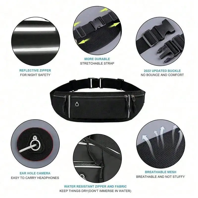 Black sports waist bag with reflective zips, adjustable buckle strap, headphone port, and breathable mesh backing.