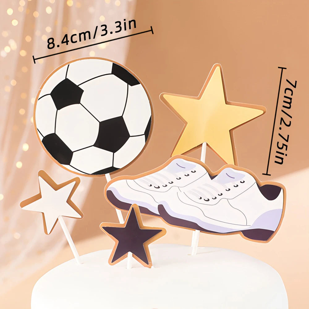 Football and sneaker cake topper set with gold and white stars, perfect for sports-themed birthday cakes.