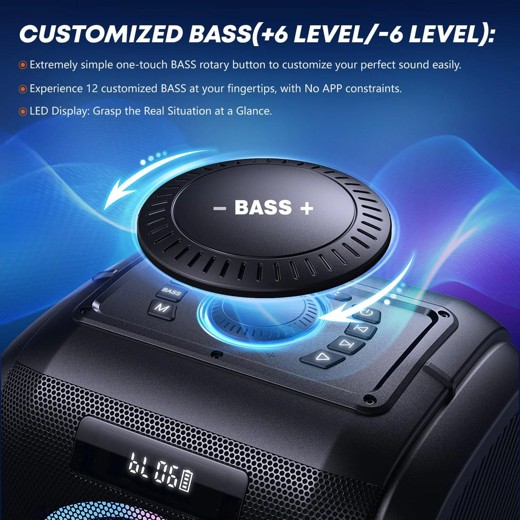 Black portable speaker with a rotary bass control dial, LED display, and blue lighting effects.