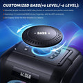 Black portable speaker with a rotary bass control dial, LED display, and blue lighting effects.