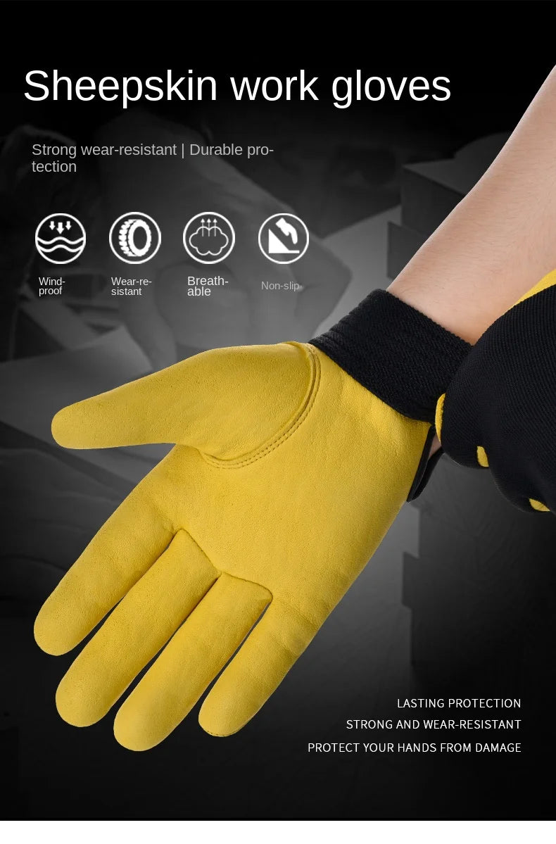 Yellow leather work gloves with black elasticated cuffs, featuring non-slip, breathable, and windproof design.