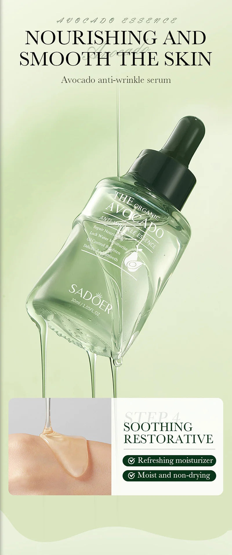 Green glass dropper bottle of avocado anti-wrinkle serum being applied to skin, shown on a soft green background.