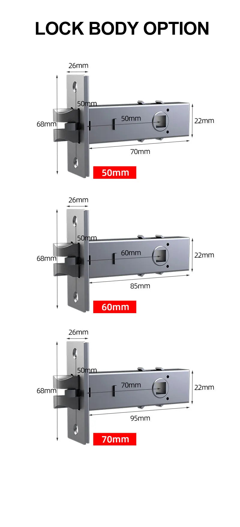 Three silver metal door lock bodies with varying backset sizes of 50mm, 60mm, and 70mm, shown with dimensions.