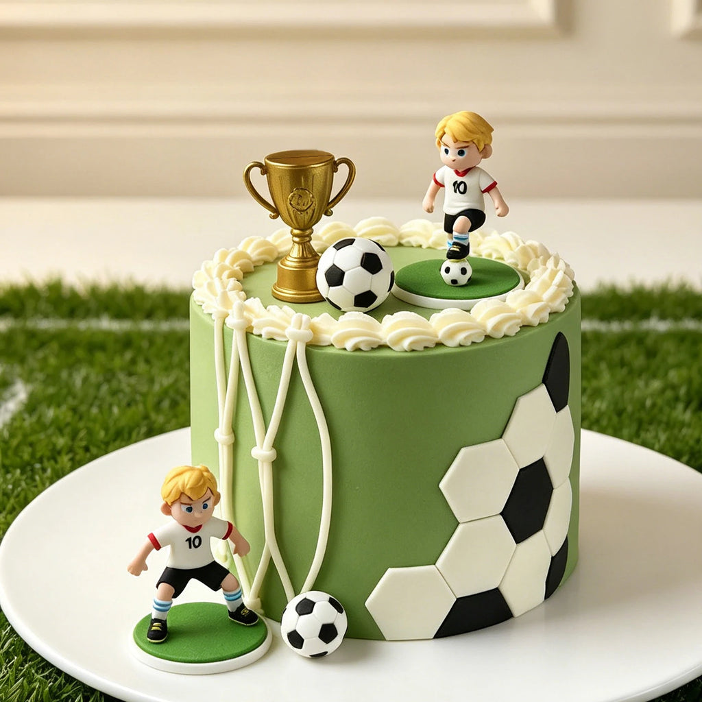 Green football-themed cake decorated with soccer ball pattern, two player figurines, a gold trophy, and goal netting.