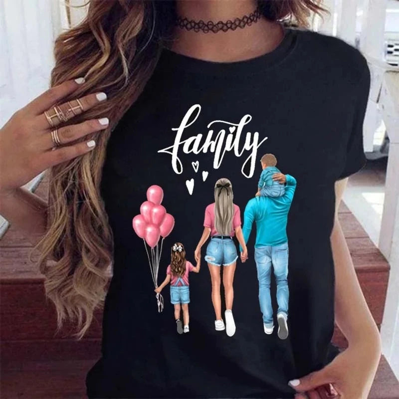 Black crew-neck t-shirt featuring a cartoon illustration of a family holding balloons with the text "family" above.