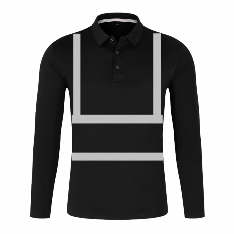 Black long-sleeved work polo shirt with a buttoned collar and grey reflective safety strips on the chest.