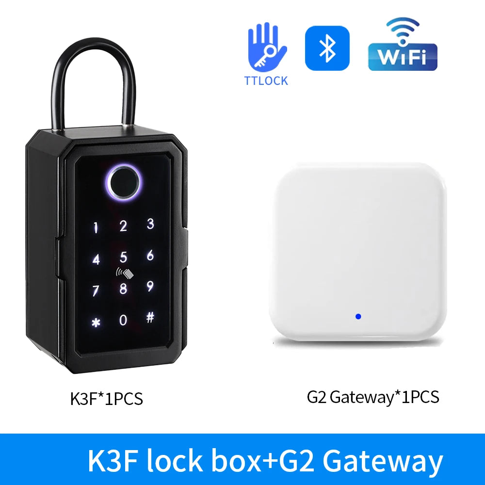 Black metal key lock box with keypad, fingerprint scanner, Bluetooth, Wi-Fi support, and a white G2 gateway.