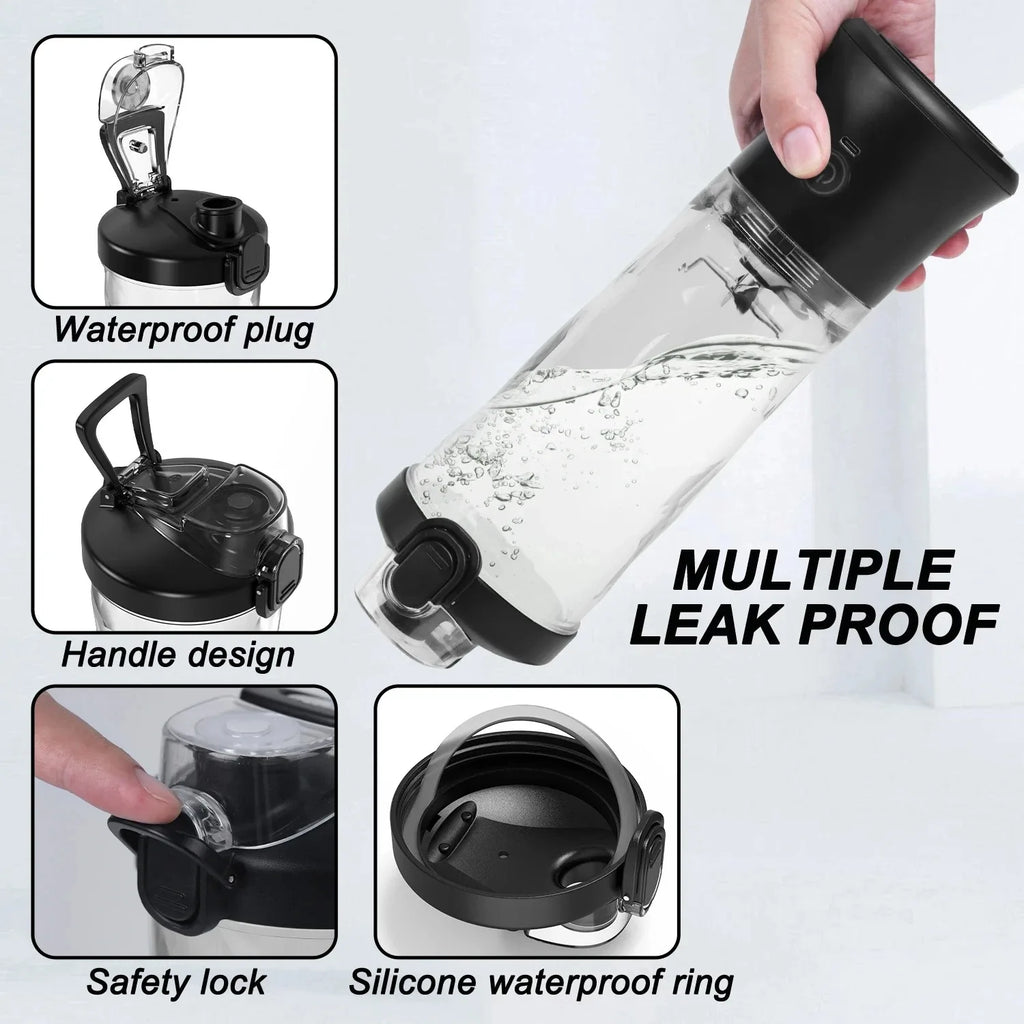 Portable black and clear blender bottle with a leak-proof locking lid, carrying handle, and waterproof silicone ring.