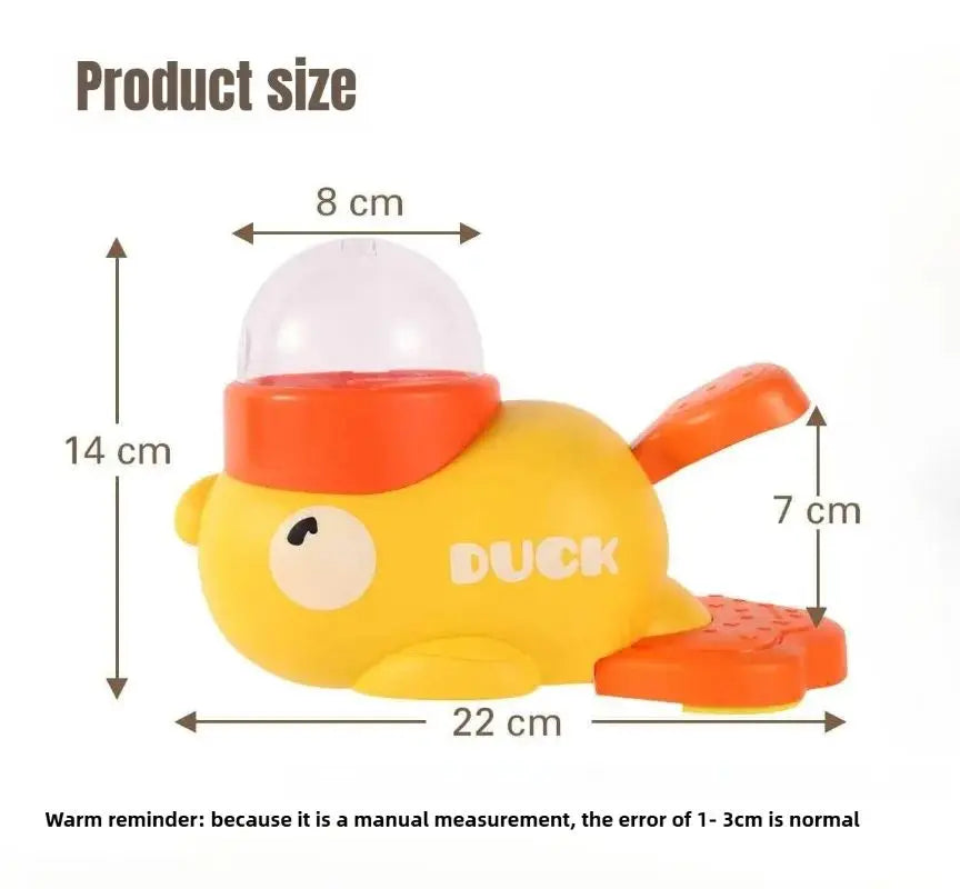 Bright yellow and orange interactive dog toy, shaped like a duck with a clear treat-dispensing dome. Size diagram.