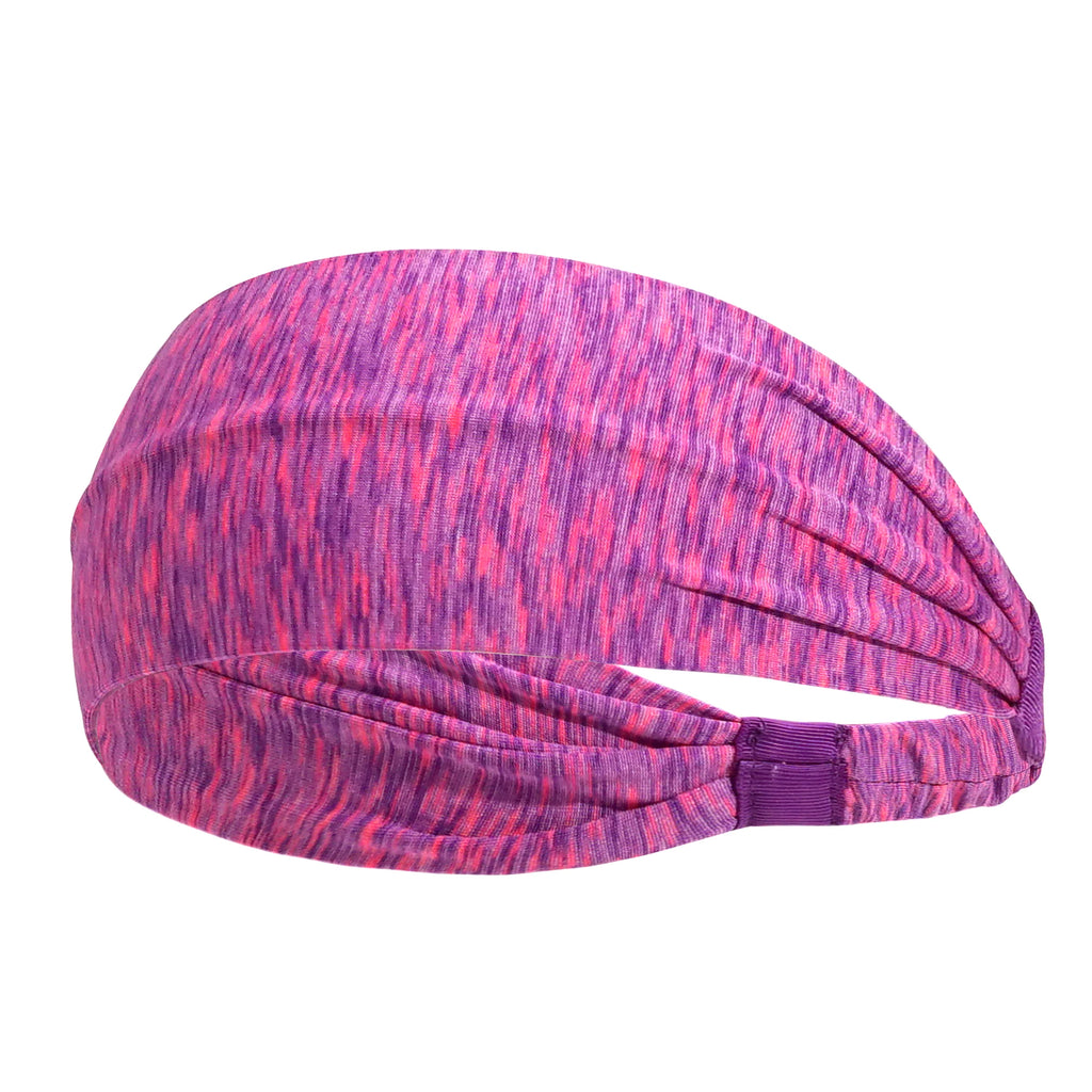 A bright pink and purple space-dyed fabric sports headband with gathered detail and an elasticated back strap.