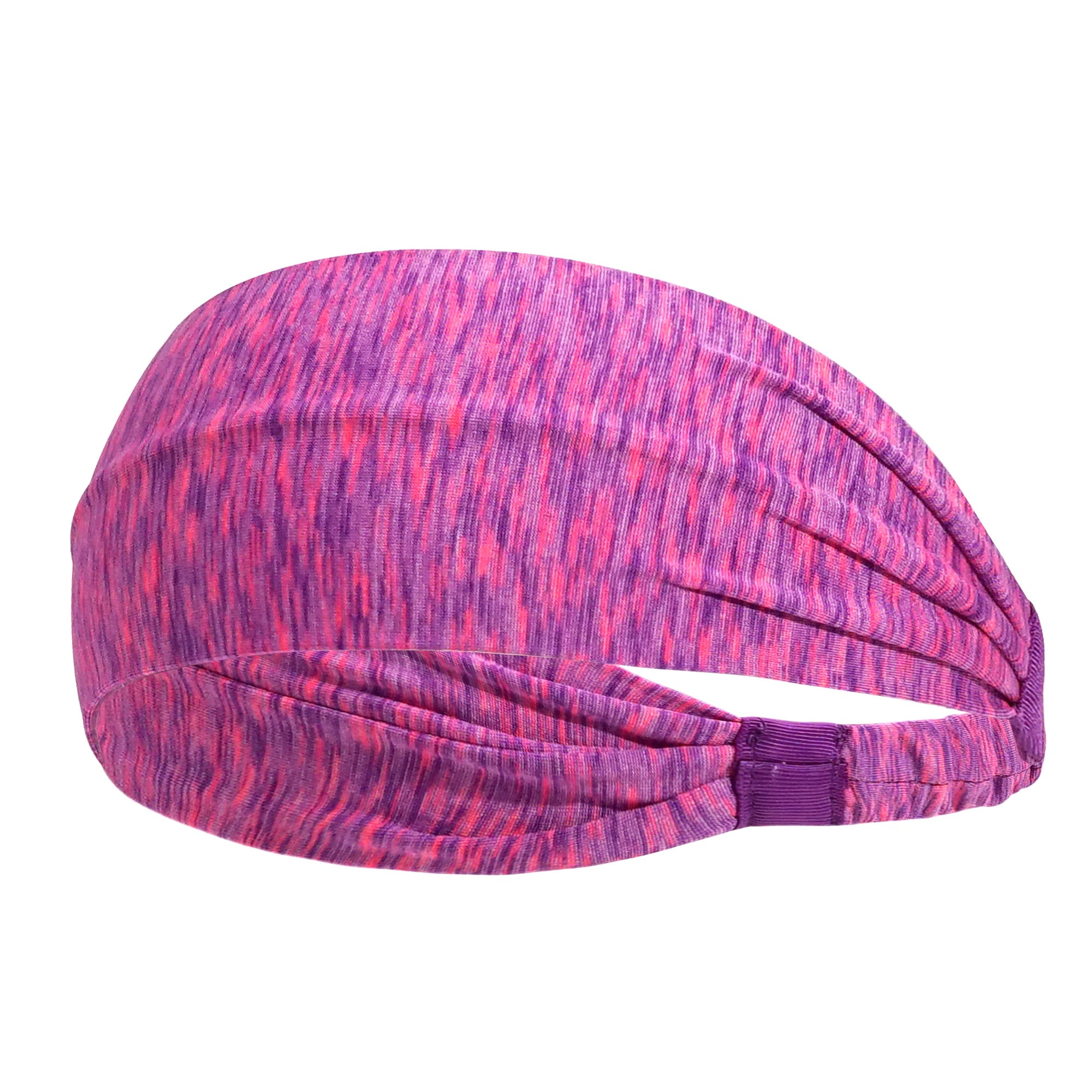 A bright pink and purple space-dyed fabric sports headband with gathered detail and an elasticated back strap.