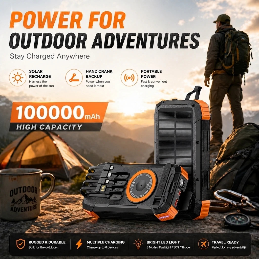 Rugged black and orange solar power bank with wireless charging, integrated cables, and LED light for outdoor travel.