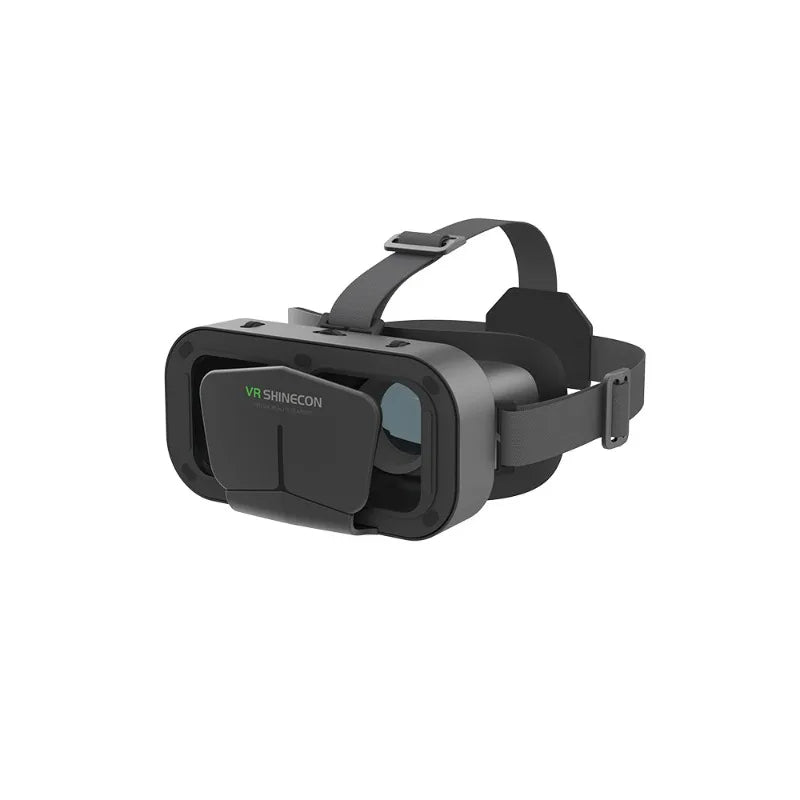 Black smartphone virtual reality headset with an adjustable head strap and front-facing cover.