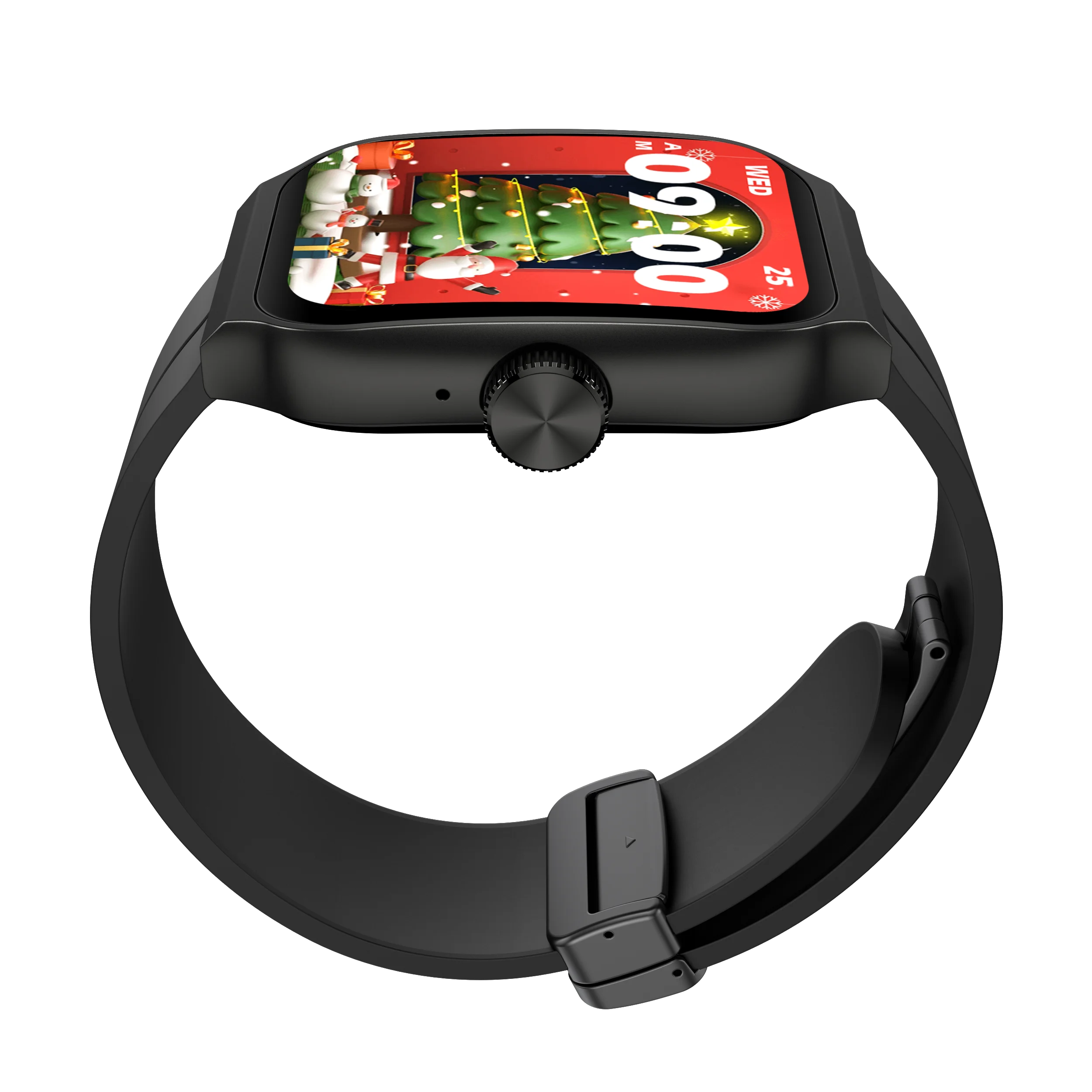 Black smartwatch with a 2.01-inch curved display showing a festive Christmas watch face and fitness tracking features.