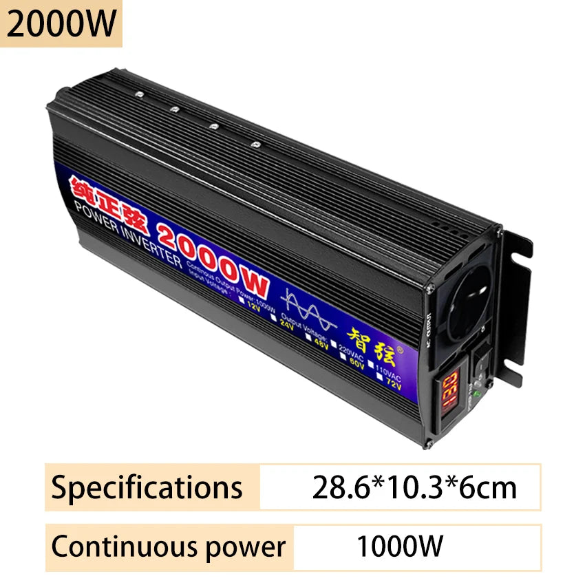 Black 2000W pure sine wave power inverter with a digital display and AC socket, shown on a white background.