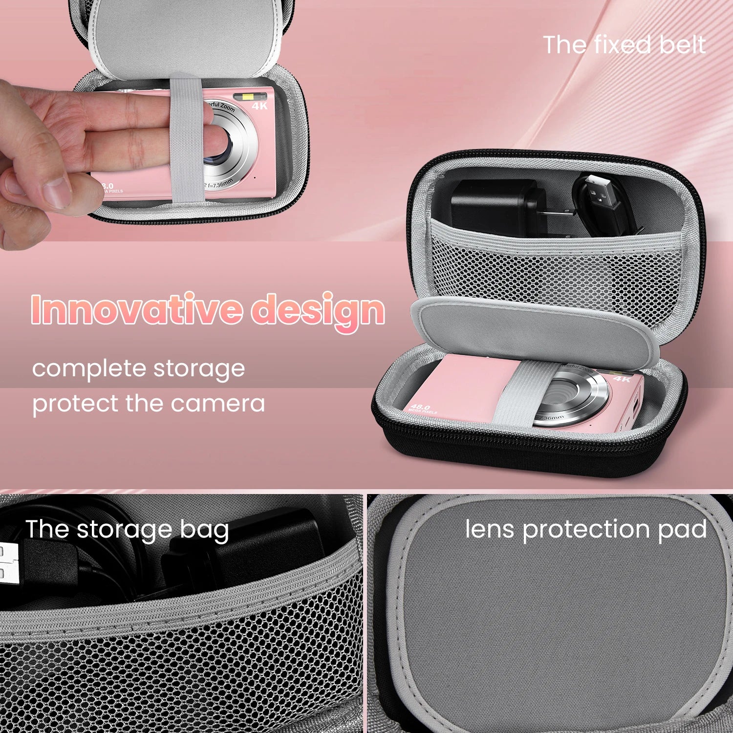 Black zippered fabric hard case for a compact digital camera, featuring a mesh storage pocket and lens protection pad.