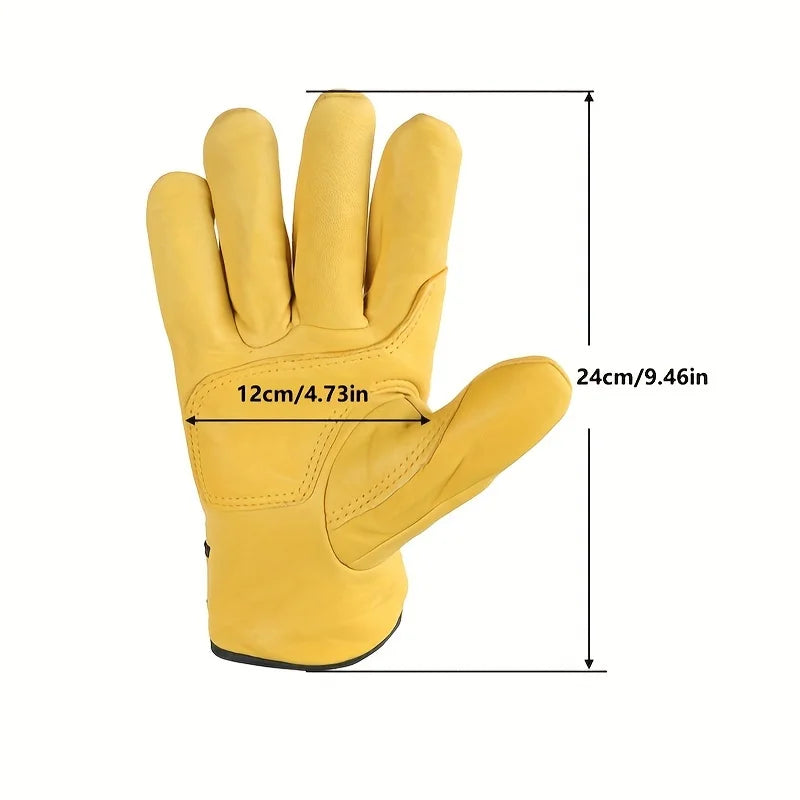 Yellow PU leather utility work glove with reinforced palm stitching and size measurements shown in centimetres.