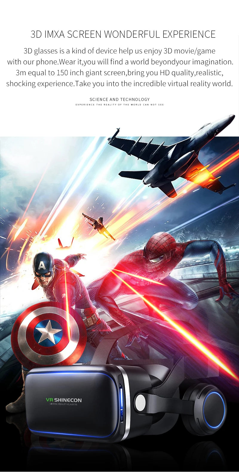 Black 3D VR headset with adjustable head straps and built-in headphones, set against a dynamic superhero background.