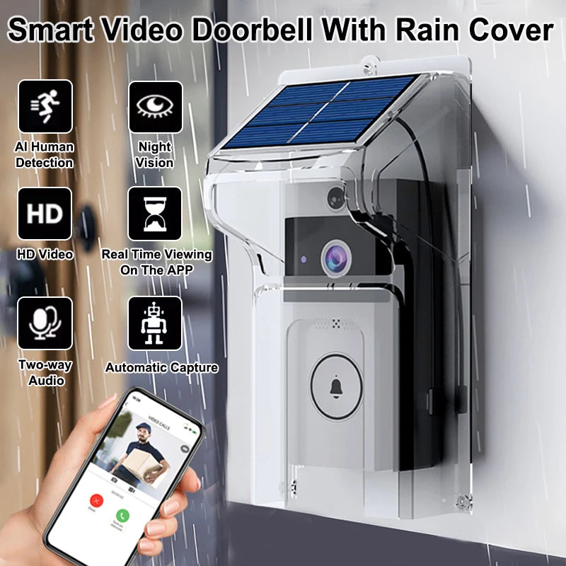 Black and silver wireless video doorbell with a solar panel top and clear rain cover, controlled via a smartphone app.