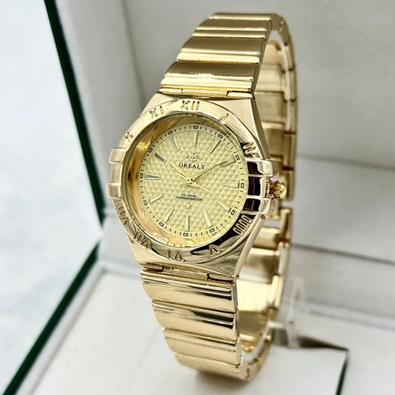 Gold luxury quartz watch with a textured dial, Roman numerals on the bezel, and a linked steel strap.
