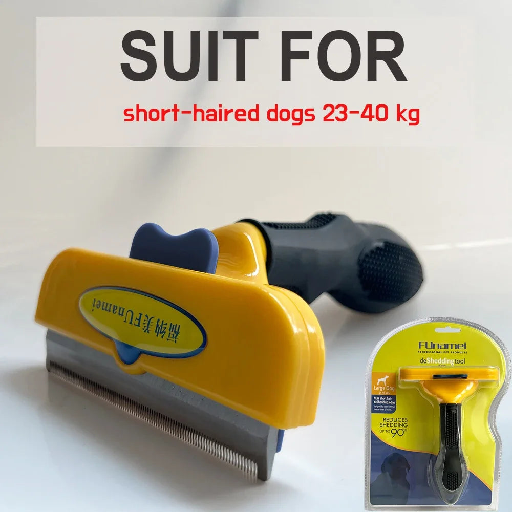 Yellow and black deshedding tool for large short-haired dogs, shown with its retail packaging.