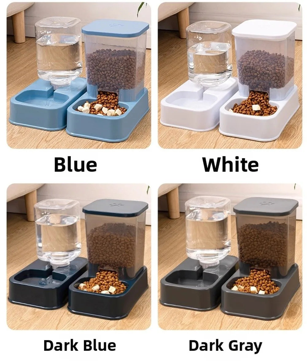 Four sets of automatic pet water and food dispensers in blue, white, dark blue, and dark gray.