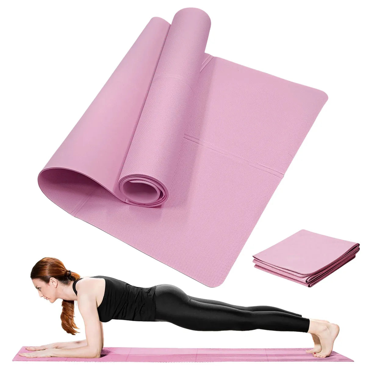 A soft pink textured yoga mat shown rolled, folded, and in use by a woman performing a plank exercise.