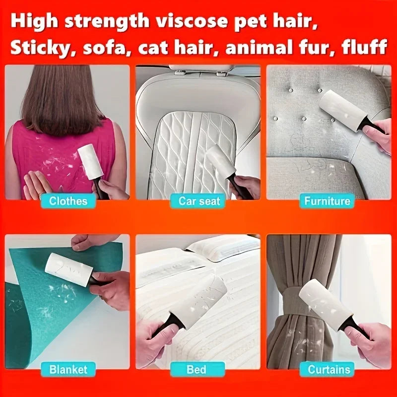White sticky lint roller with black handle, shown removing pet hair from clothes, car seats, furniture, and bedding.