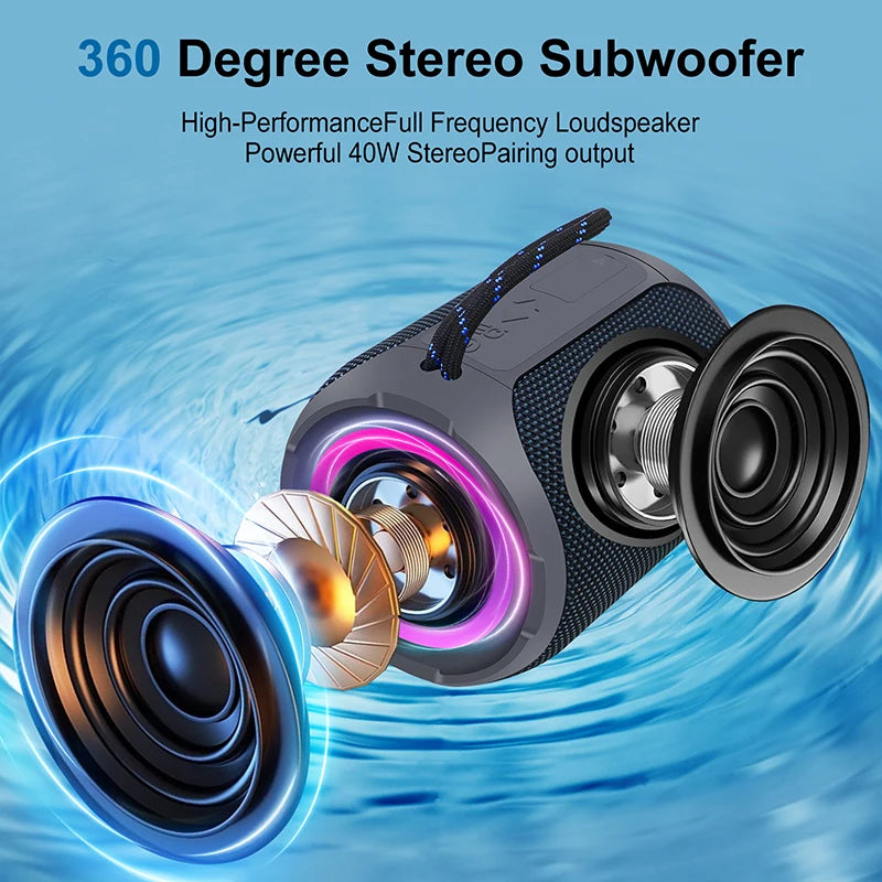 Black 40W portable waterproof Bluetooth speaker with 360-degree stereo sound, showing internal speaker drivers.