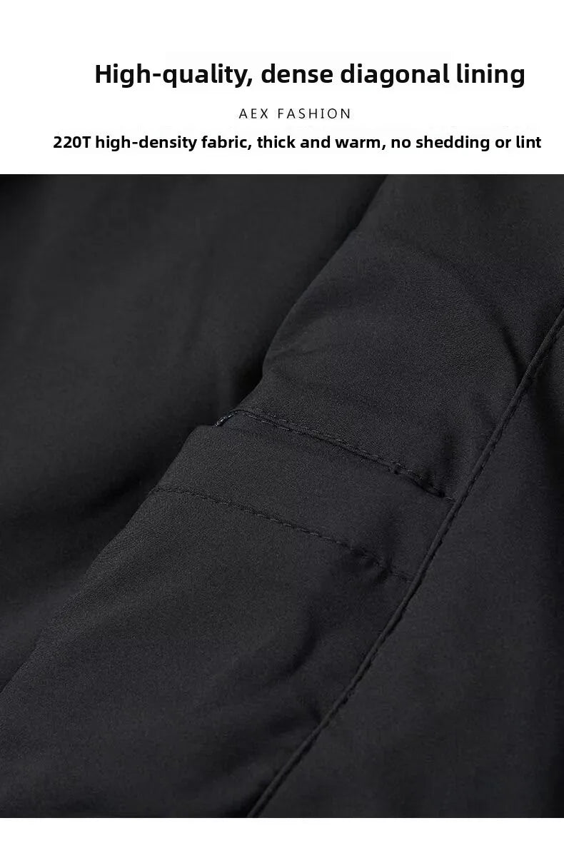 Close-up of a black padded work jacket featuring durable, high-density fabric and neat, sturdy stitching.